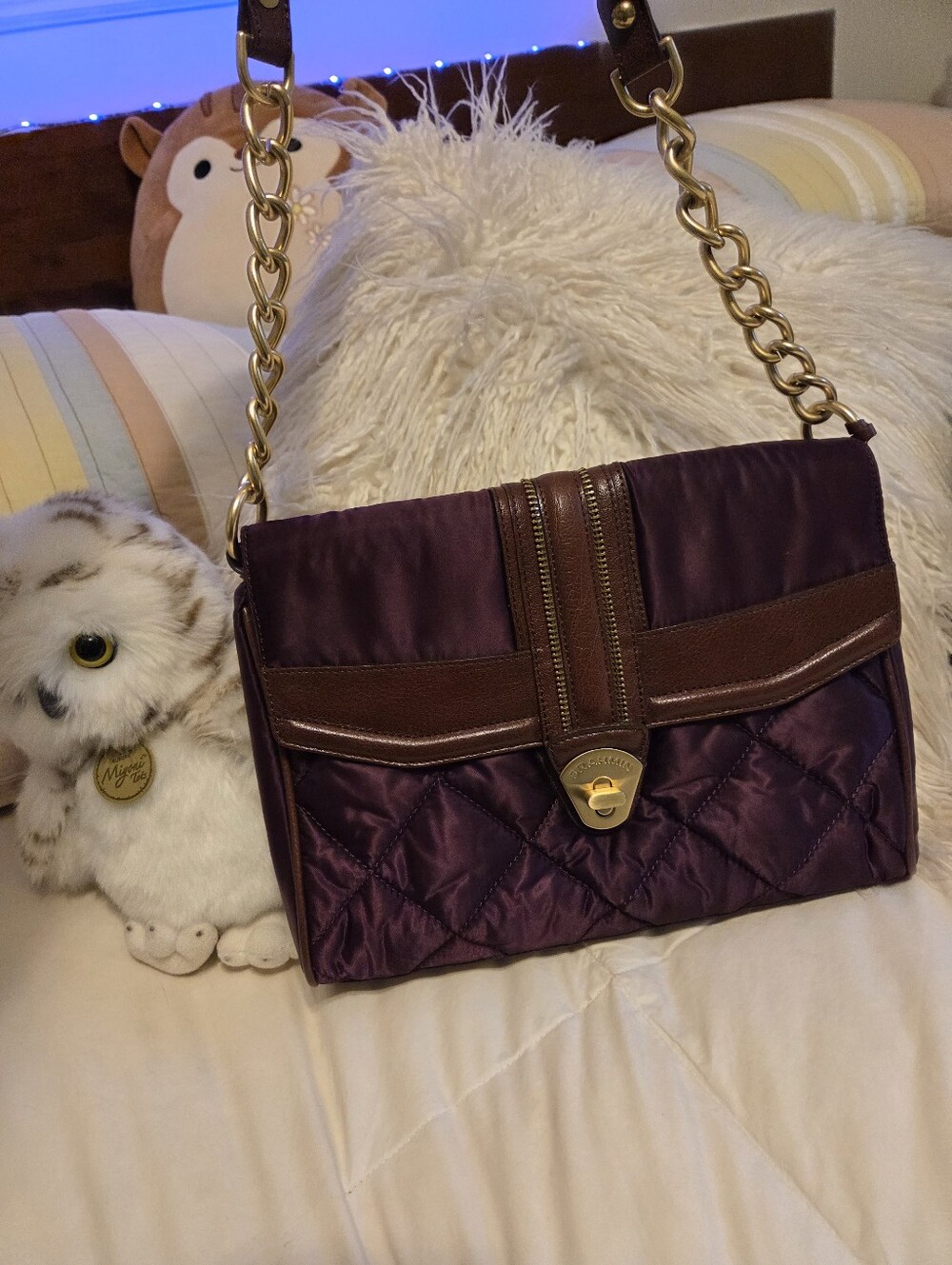 Brahmin Vintage Purple Quilted Satin Shoulder Bag With Brown Leather Trim